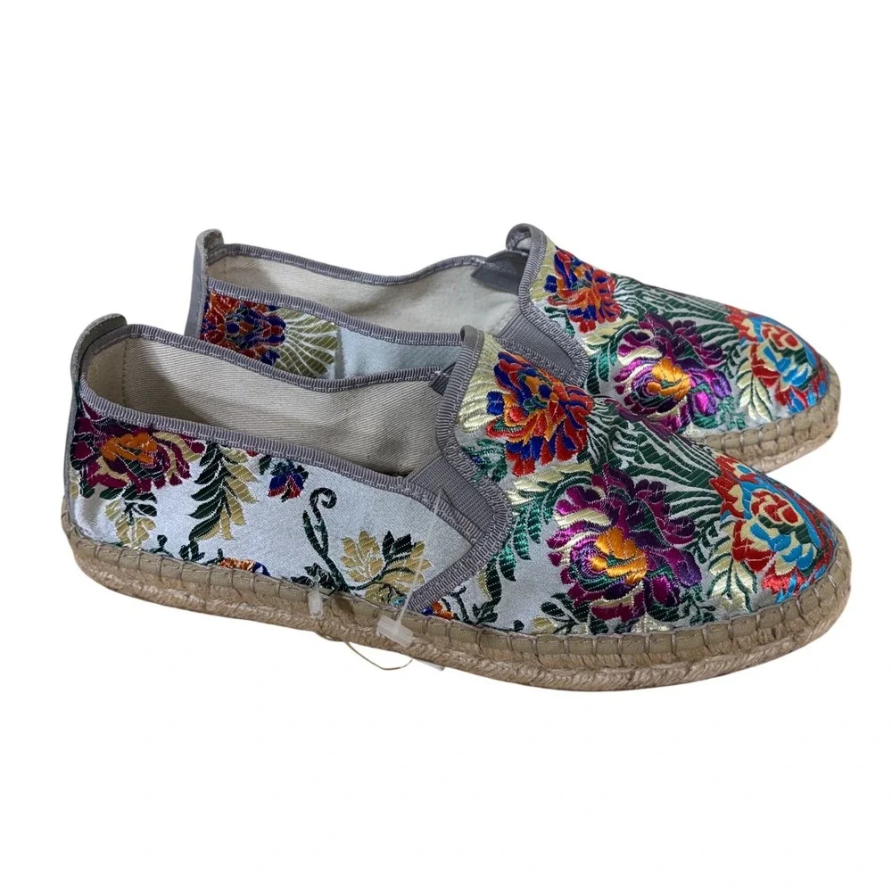 Fabiolas Espadrilles Size 8 Floral Embroidered Silver Handcrafted Spain EU 39